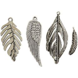 Creativ Company Pendant feathers, 29-25 mm, silver, 4 pieces