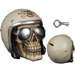 Sombo Money box skull with motorcycle helmet and sunbri with lock, polyresin