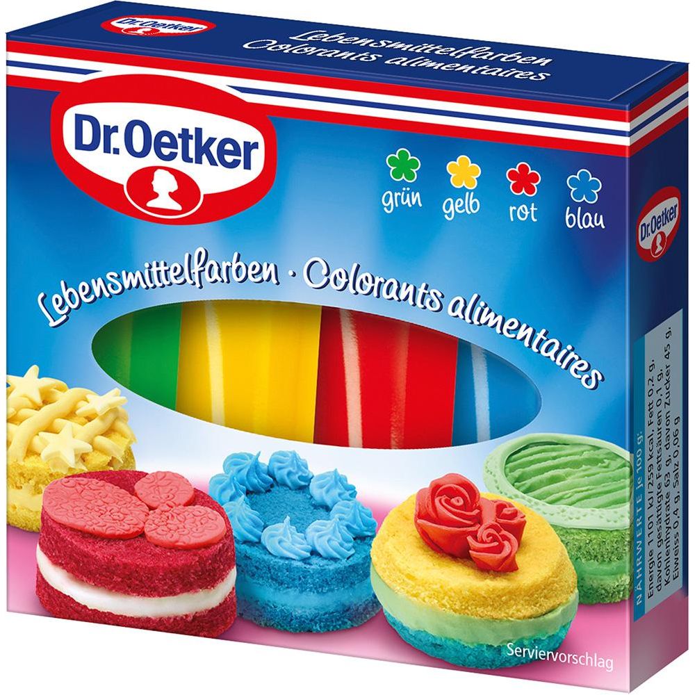 Set di colori alimentari Dr. Oetker: verde, giallo, rosso, blu
