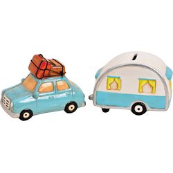 Sombo Money box car with caravan set of 2, ceramic 8x15x10cm + 8x15x10cm
