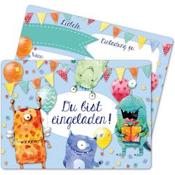 Papierdrachen 12 invitation cards for birthday - monster