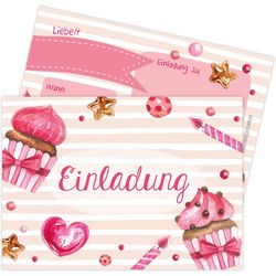 Papierdrachen 12 birthday invitation cards - cupcake pink